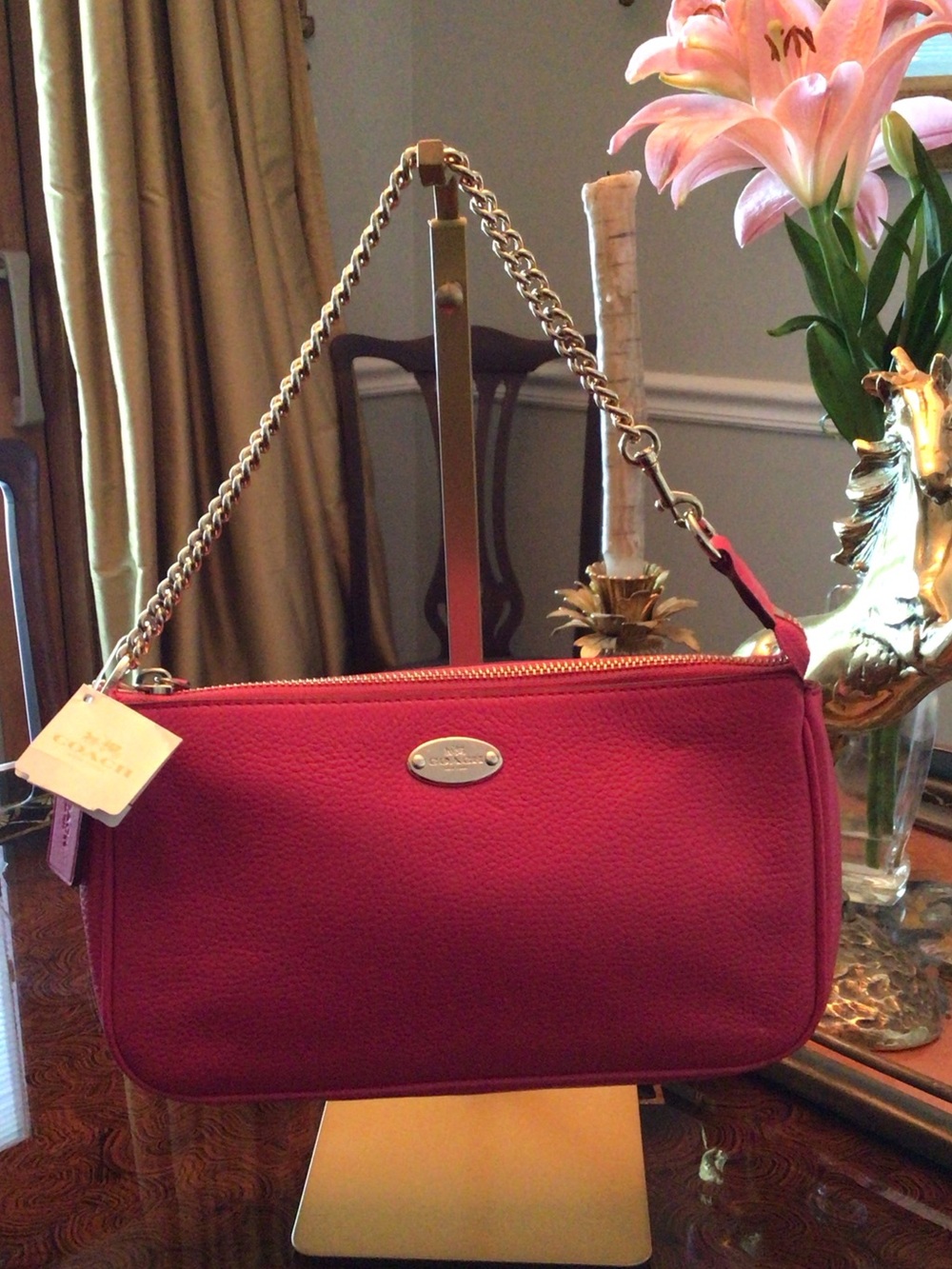 Coach Pink Ruby Large Pebbled Leather Wristlet Handbag